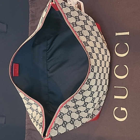 GUCCI VINTAGE ULTRA RARE 1990’S GG CANVAS THREE WAY CONVERTIBLE BAG NAVY/RED/TAN - Picture 16 of 17
